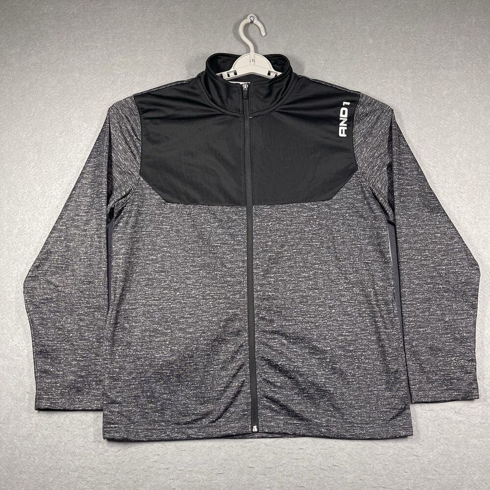 AND1 Track Jacket Mens Large Black Gray Colorblock Full Zip Athletic Basketball